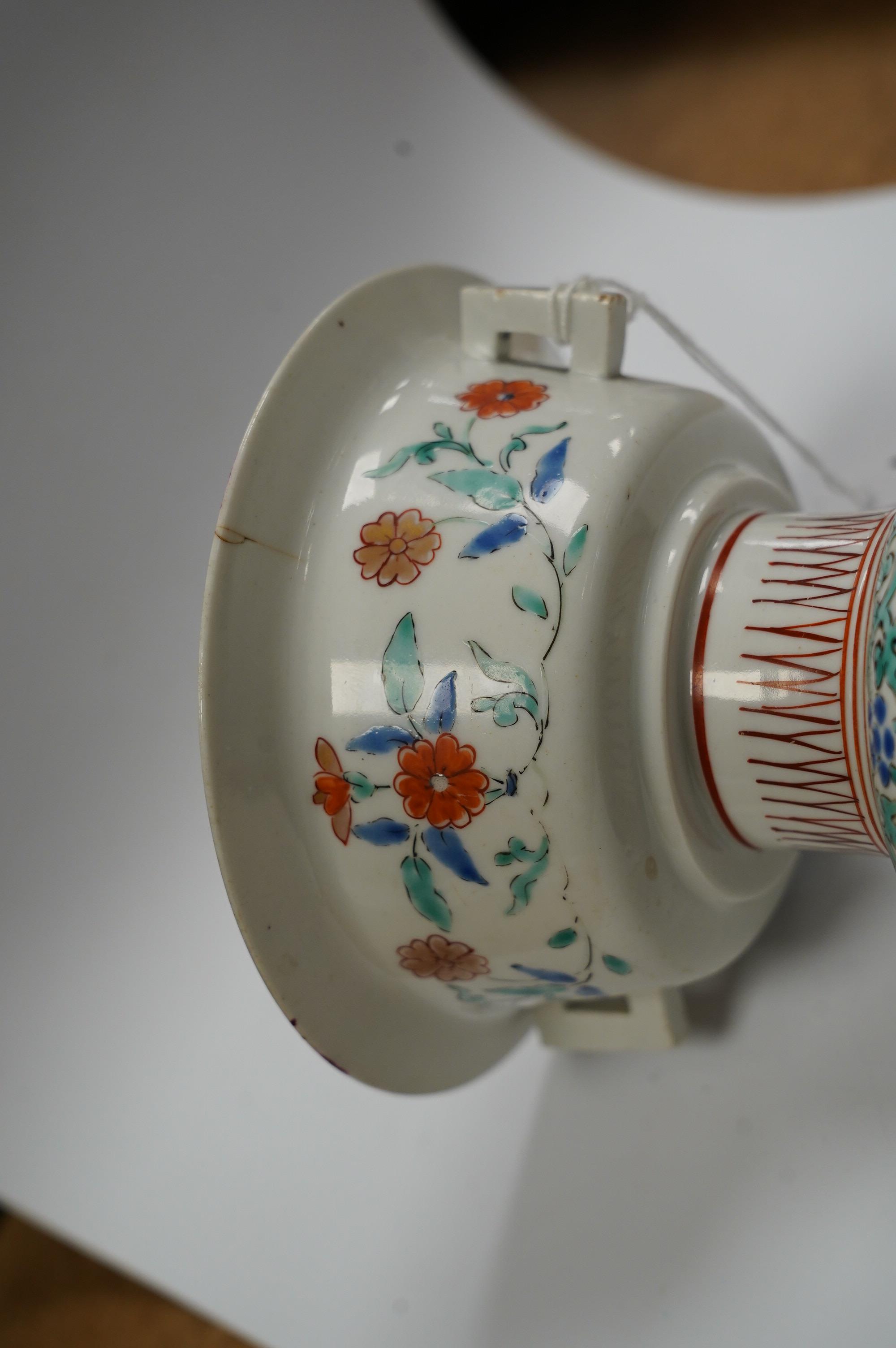 A Japanese Kakiemon stem bowl, lacking cover, late 17th century, 9cm. Condition - poor to fair